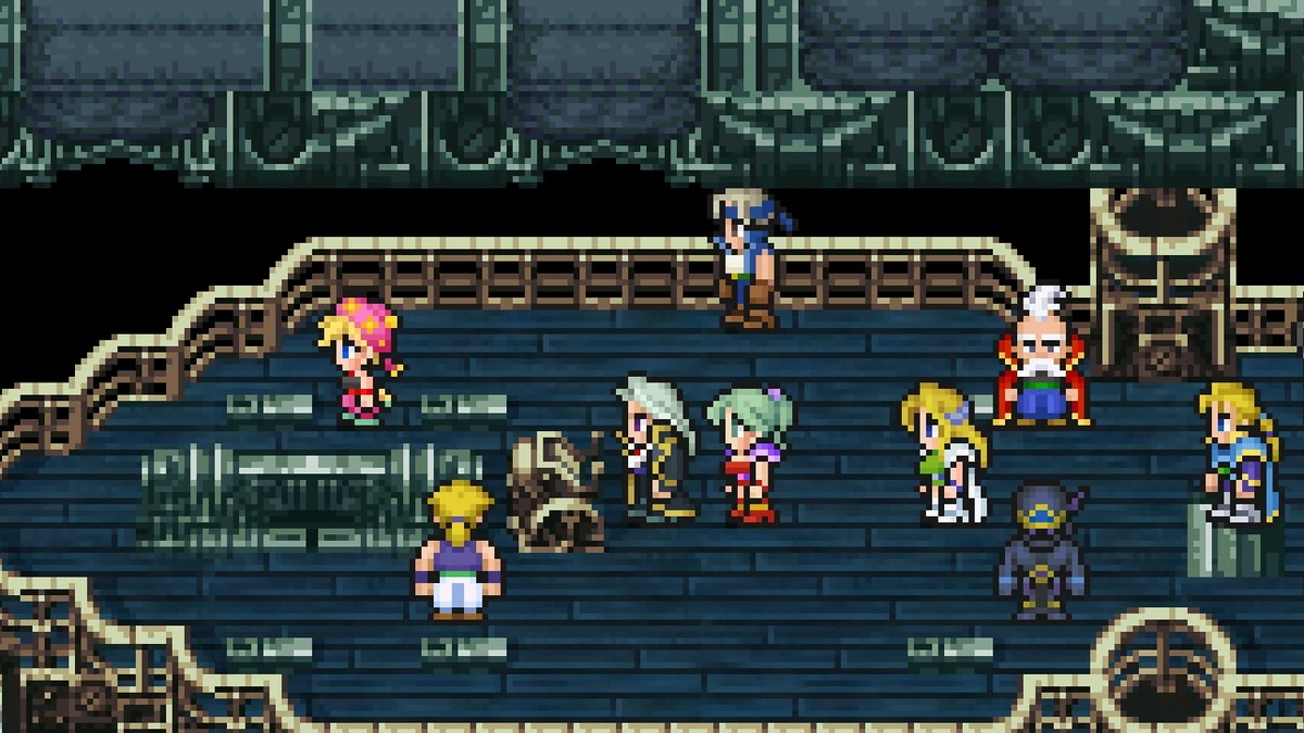 Terra y varios personajes frente a una ciudad en Final Fantasy VI Pixel Remaster