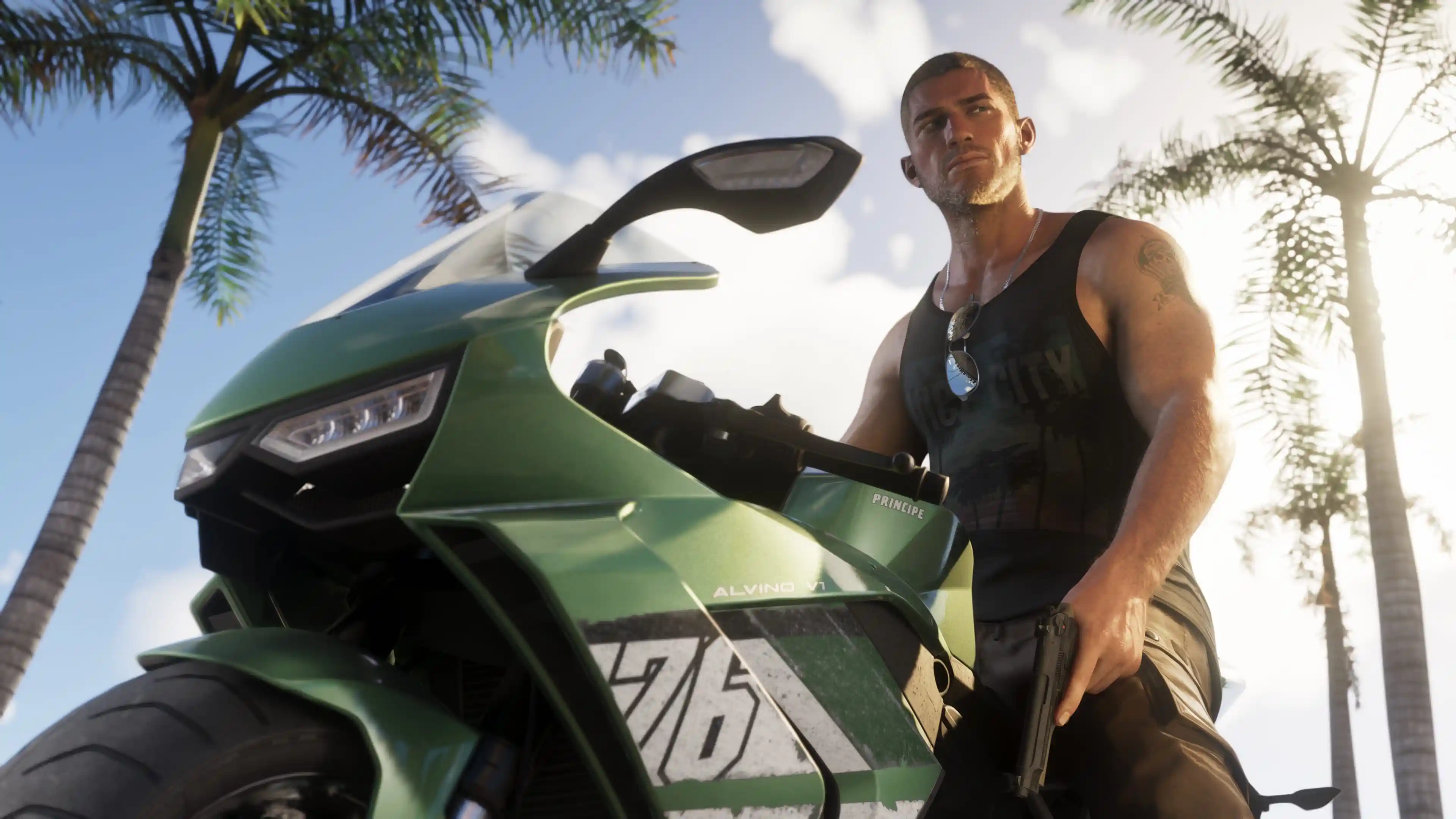 Jason on a motorcycle holding a pistol