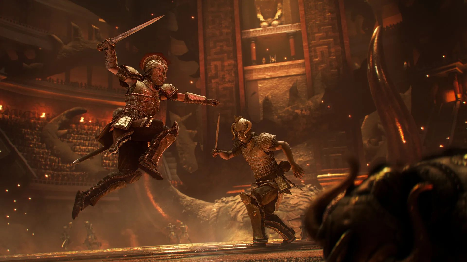 Two gladiators fighting in a circular arena lit by torches