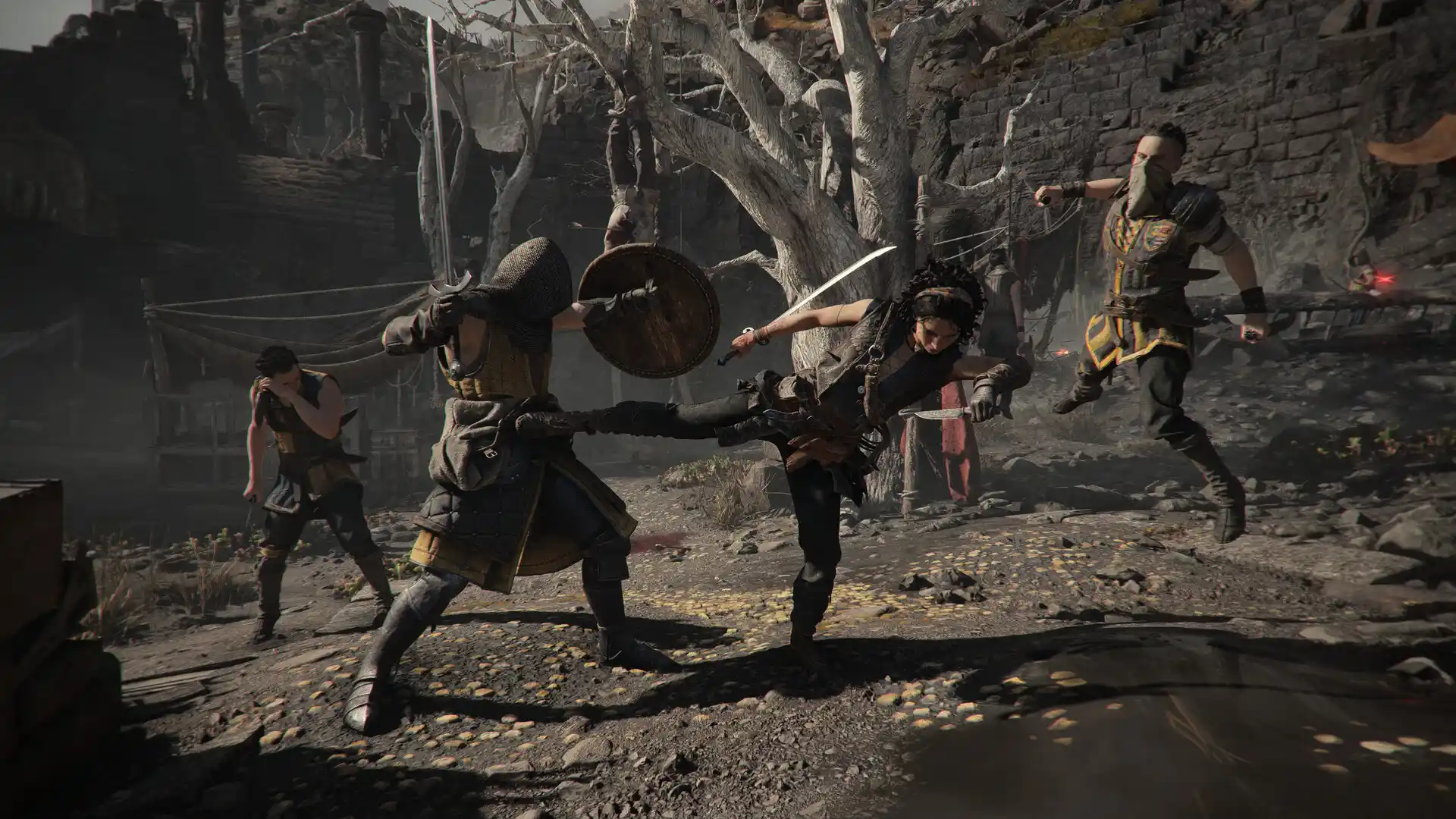 Sophia kicks an opponent in a multi-enemy fight