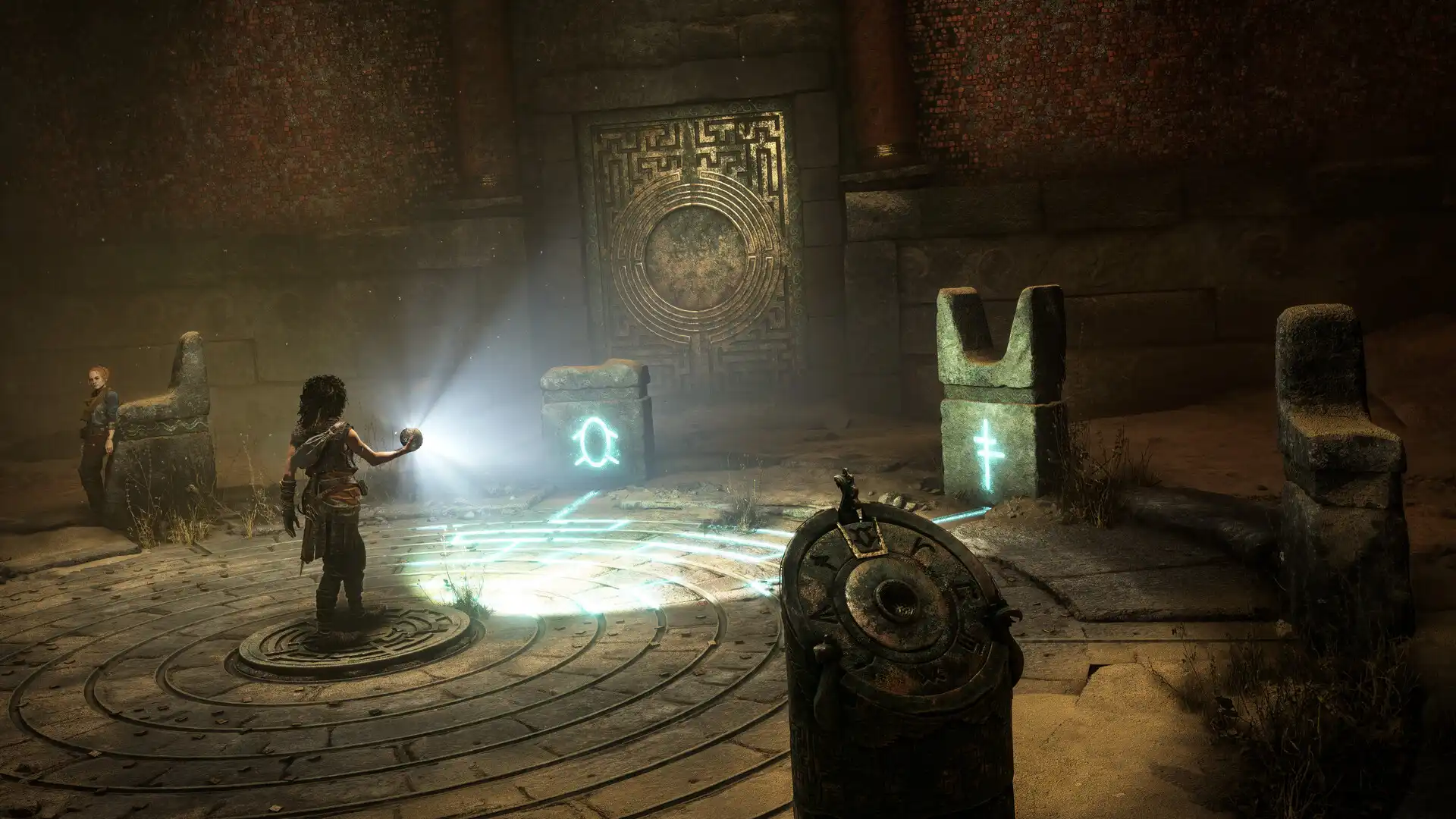 Sophia lights ancient temple runes with a magical glow