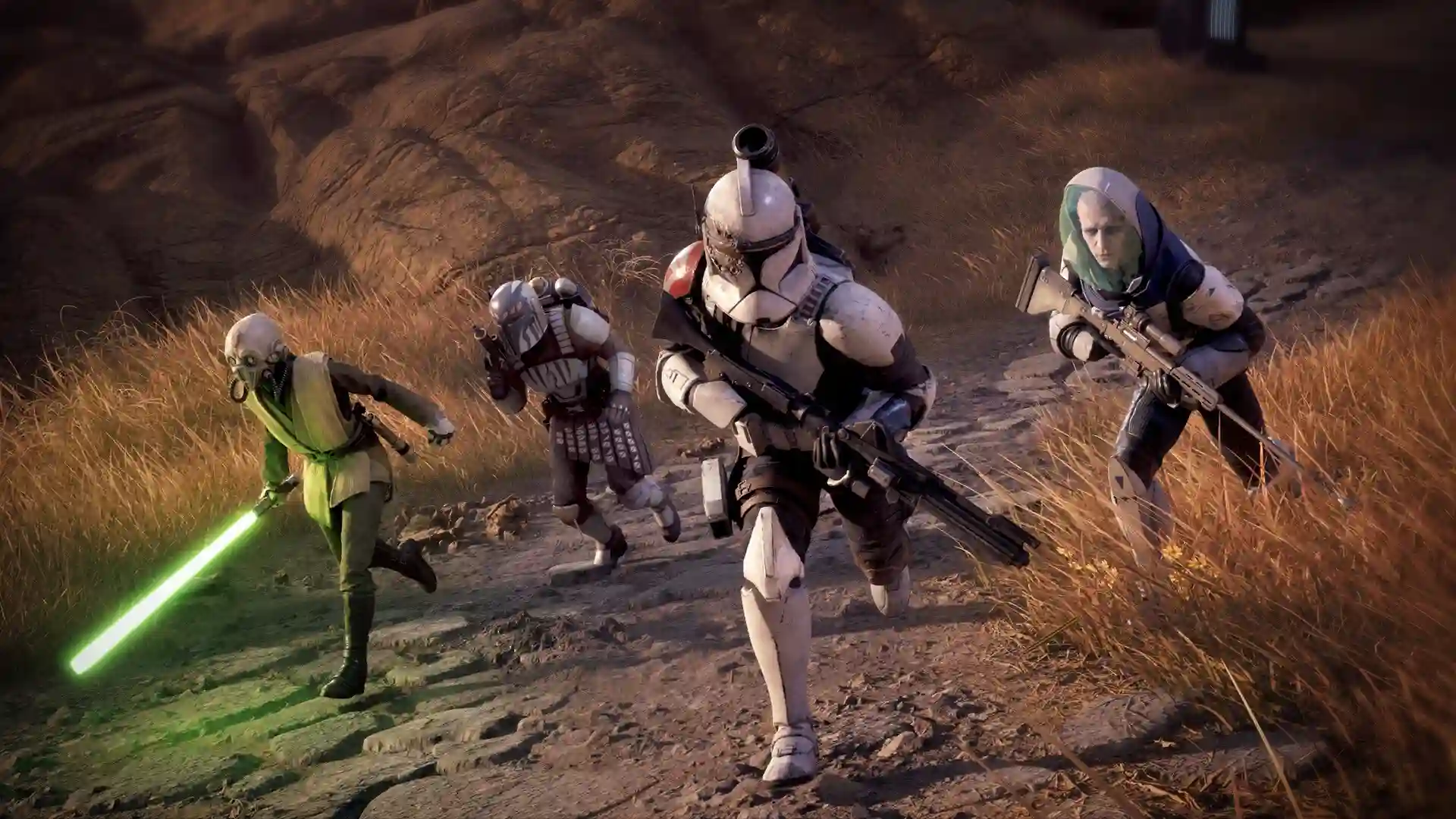 Zero Company troops running across a wasteland; a Jedi joins the squad