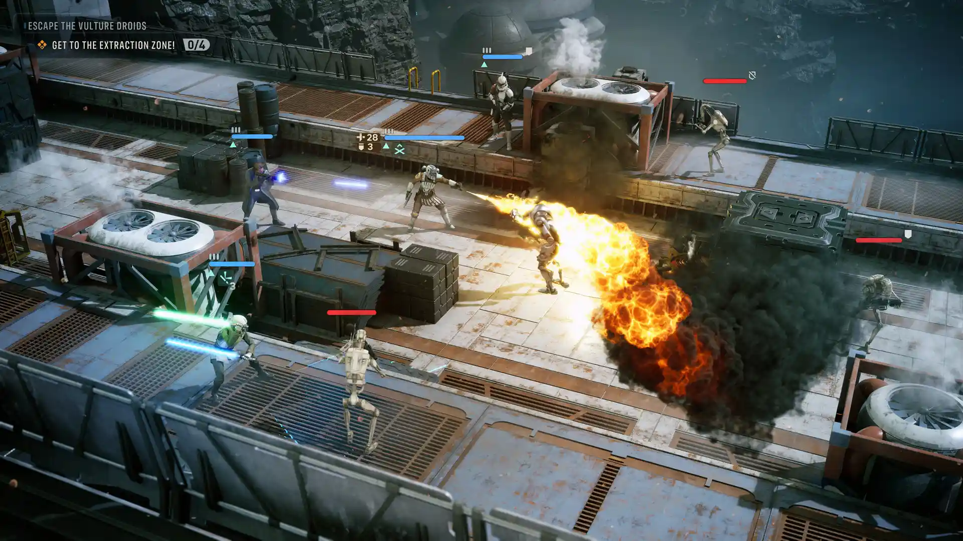 Fighting battle droids on a bridge