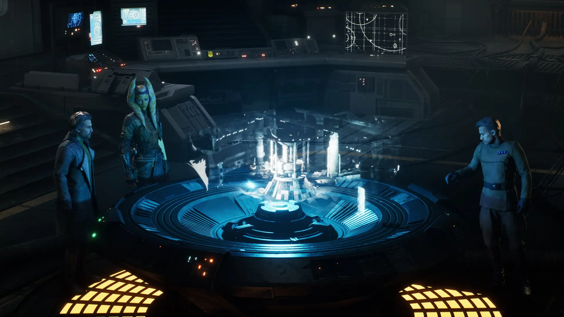 Three characters debate strategy at a starship command console
