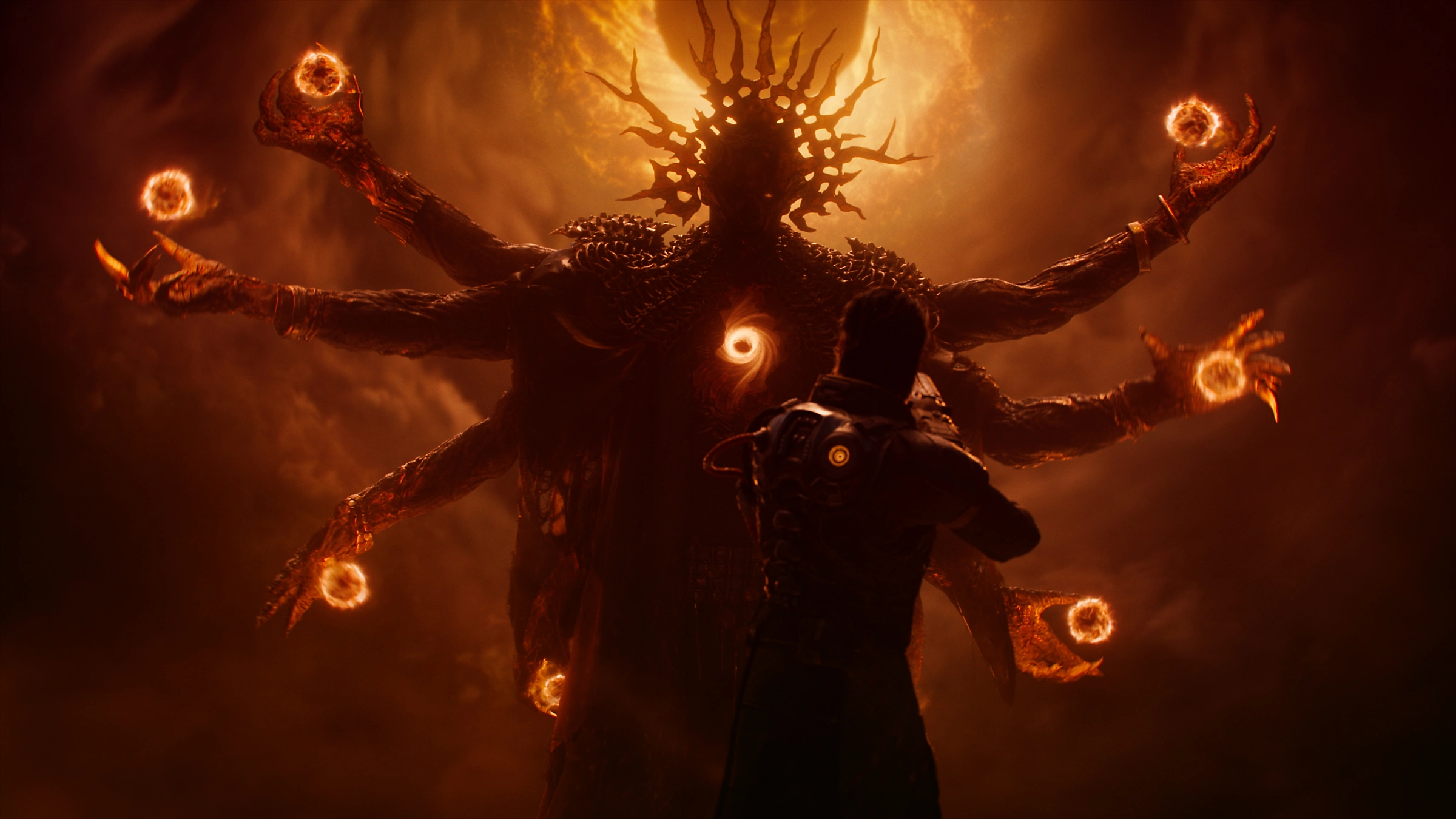 Arjun Devraj en traje futurista sobre un planeta rocoso bajo un eclipse