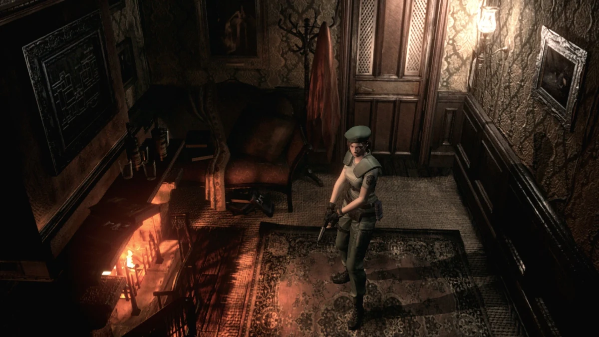 Jill Valentine con boina verde y pistola en un salón con chimenea de la mansión Spencer