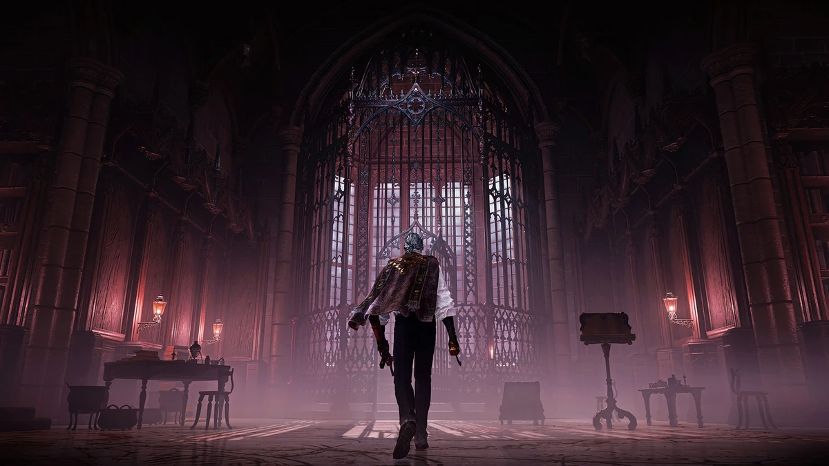 Silver-haired figure in a long cloak crossing a gothic hall toward a lit gate