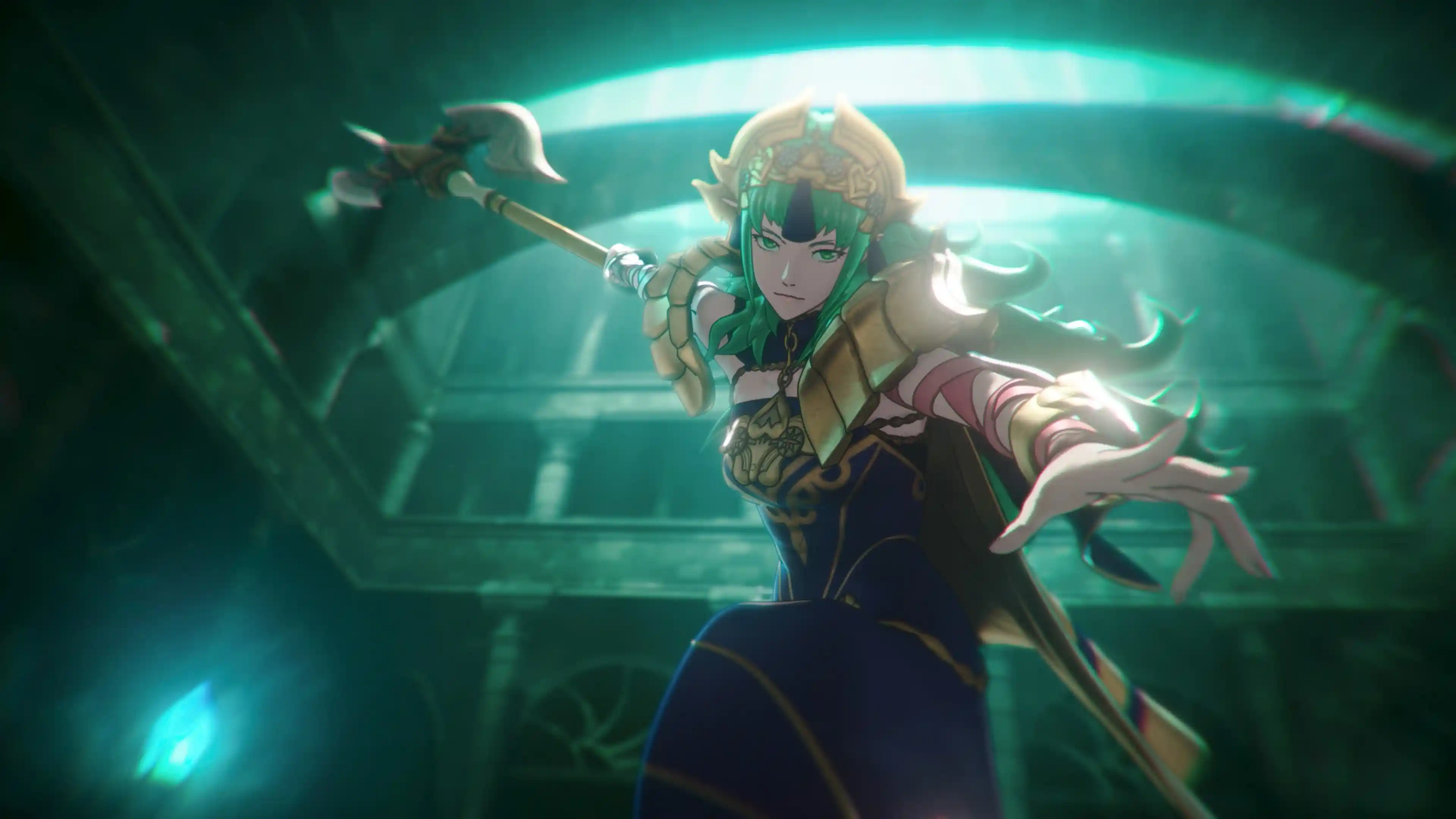 Green-haired warrior in gold armor advancing with a long weapon, turquoise light in the background