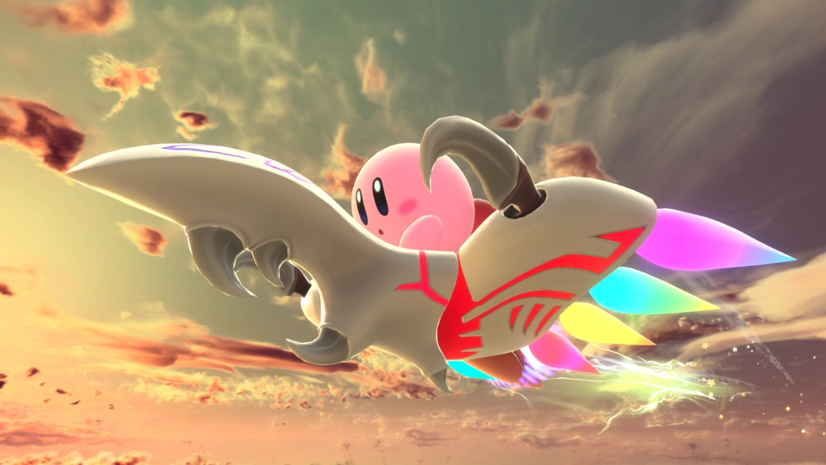 Kirby on a white machine with a colorful trail, flying through clouds at sunset