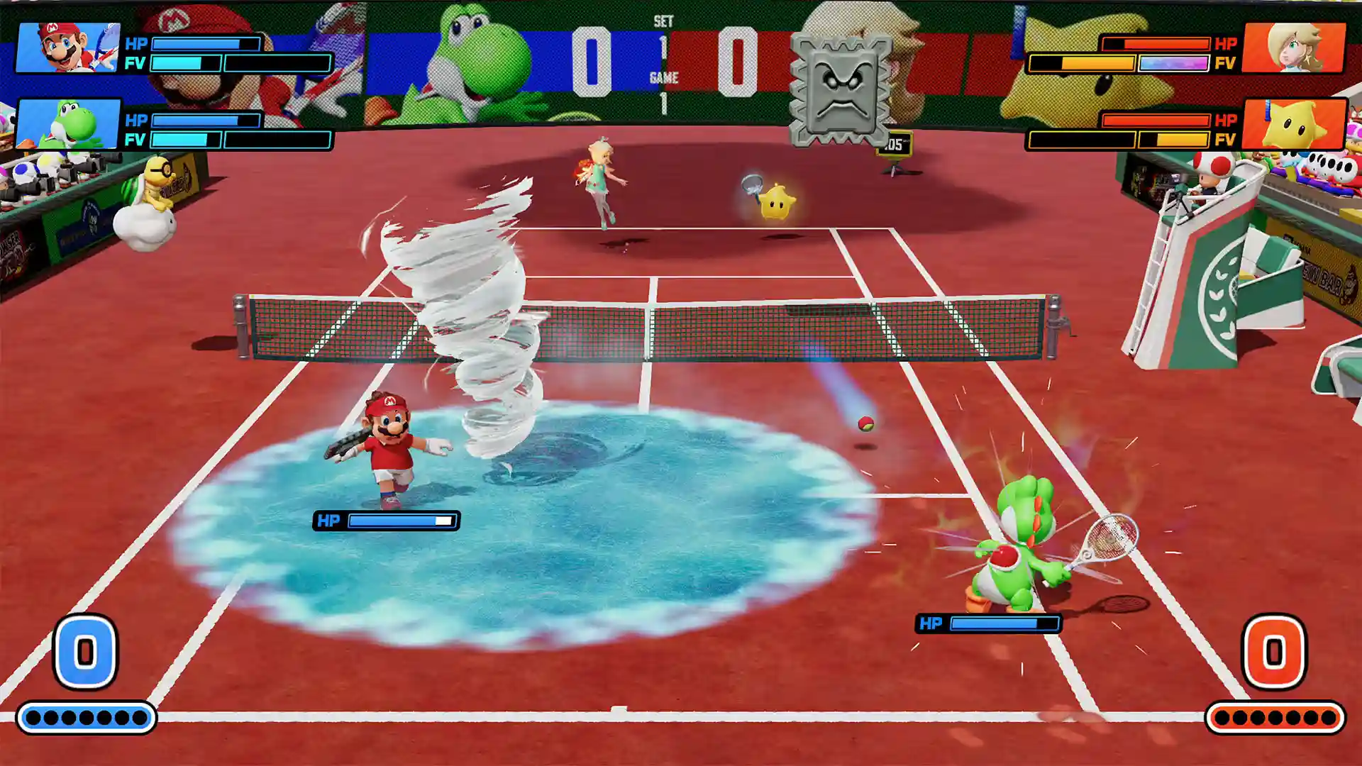 Doubles match on a red court: Mario and Yoshi versus Rosalina and Luma, with water and tornado effects