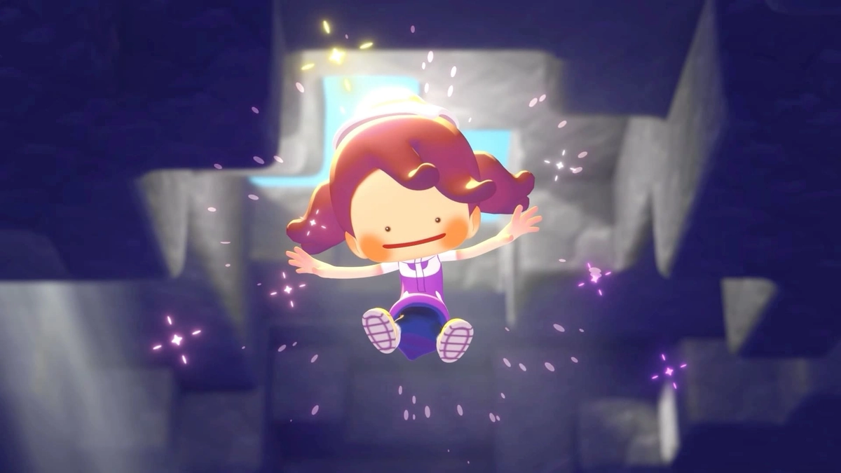 Chibi character with pigtails falling through a dark cave, with purple sparks and a light hole above
