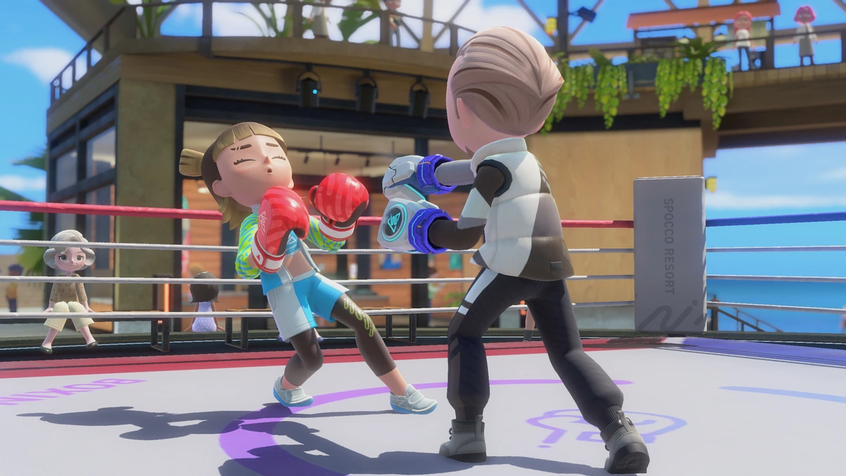 Boxing match between two avatars in an outdoor ring at Spocco Resort