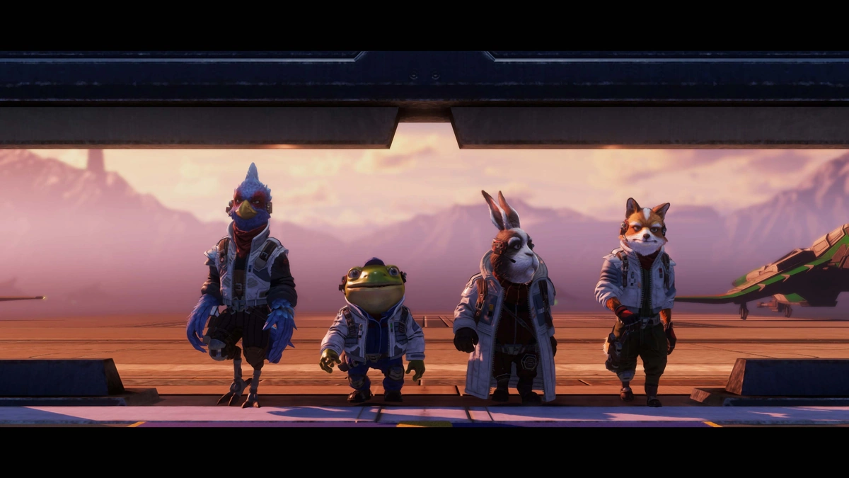 Falco, Slippy, Peppy, and Fox McCloud on a runway at sunset, with an Arwing on the right