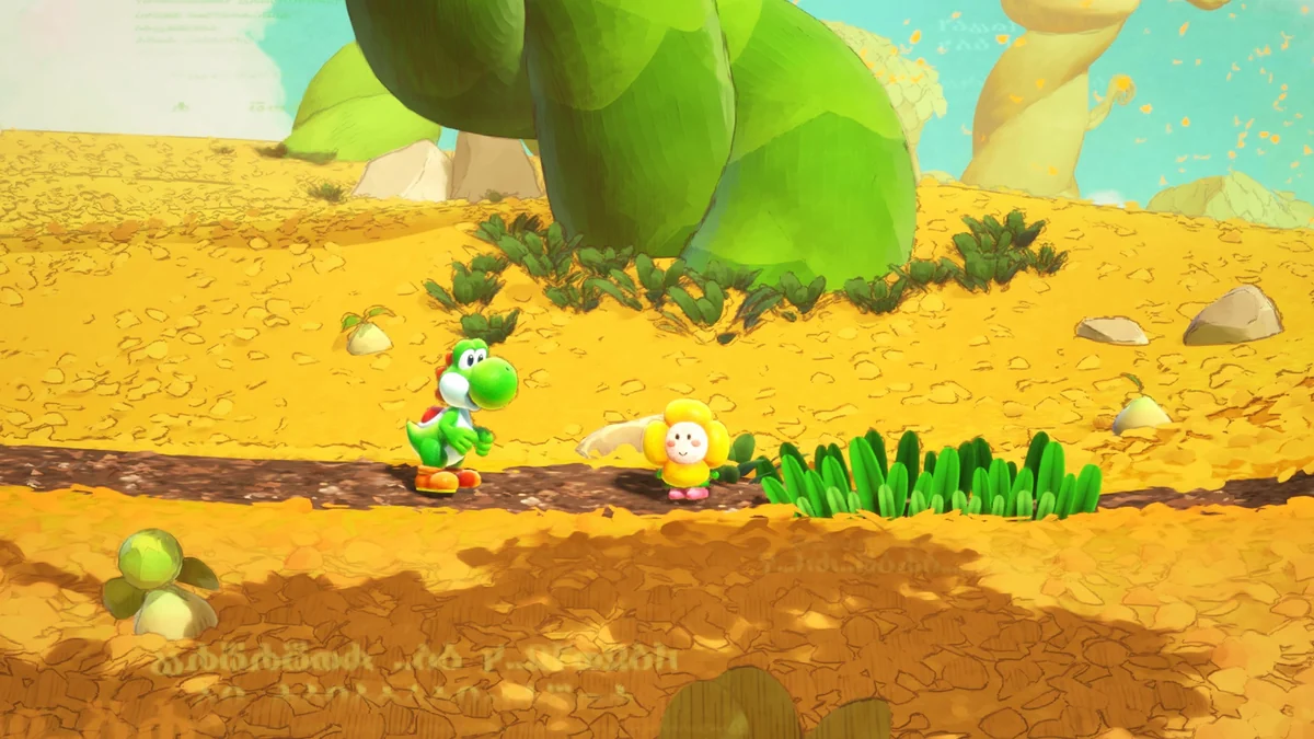 Green Yoshi beside a yellow flower-like creature in a landscape of golden hills and a huge plant