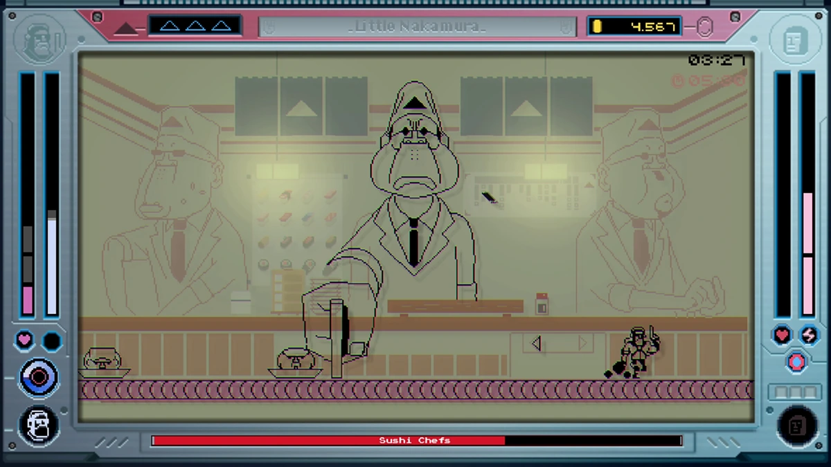 Sushi Chefs boss behind a conveyor counter, hero on the right, handheld-style frame