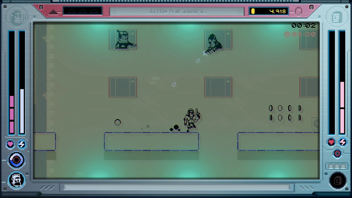 Platform combat with enemy bullets and coins, side UI bars and portraits