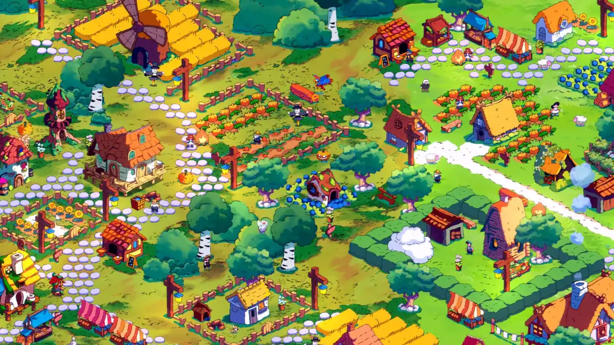 Spiritstead village with gardens, market stalls, and stone paths