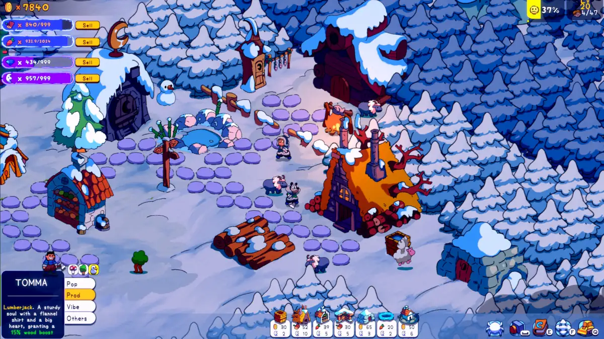 Snowy settlement with a campfire, villagers, and resource panel