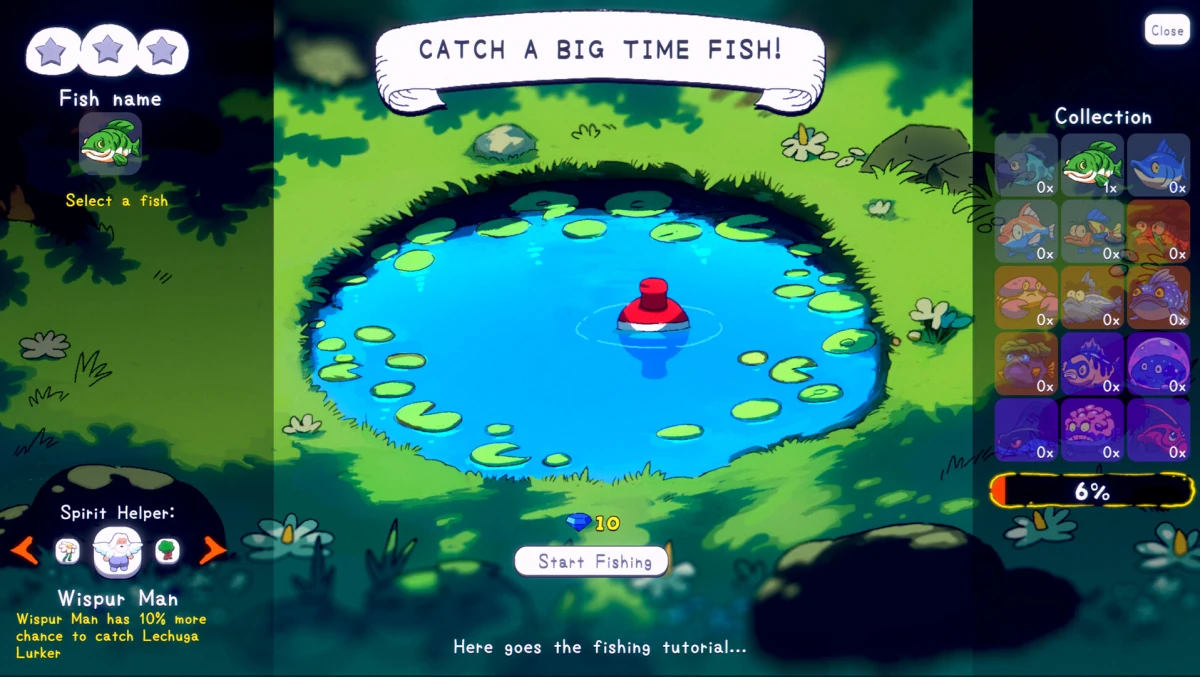 Fishing minigame at a lily pond with a fish collection grid