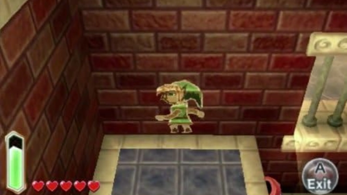 Link convertido en mural deslizándose por una pared en A Link Between Worlds