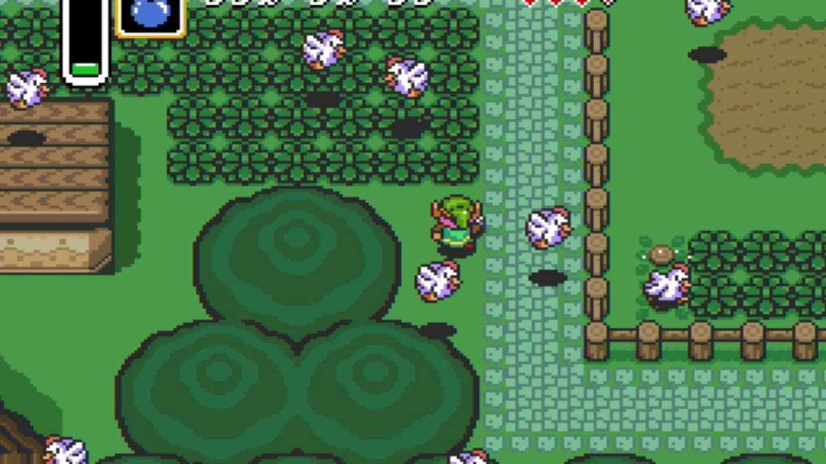Link rodeado de Cuccos en un prado verde de A Link to the Past