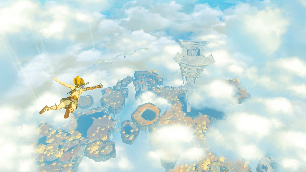 Link en caída libre hacia islas celestes con árboles dorados y un dragón entre nubes