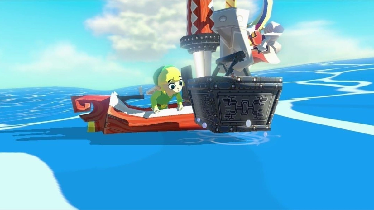 Link en el King of Red Lions izando un cofre del Gran Mar