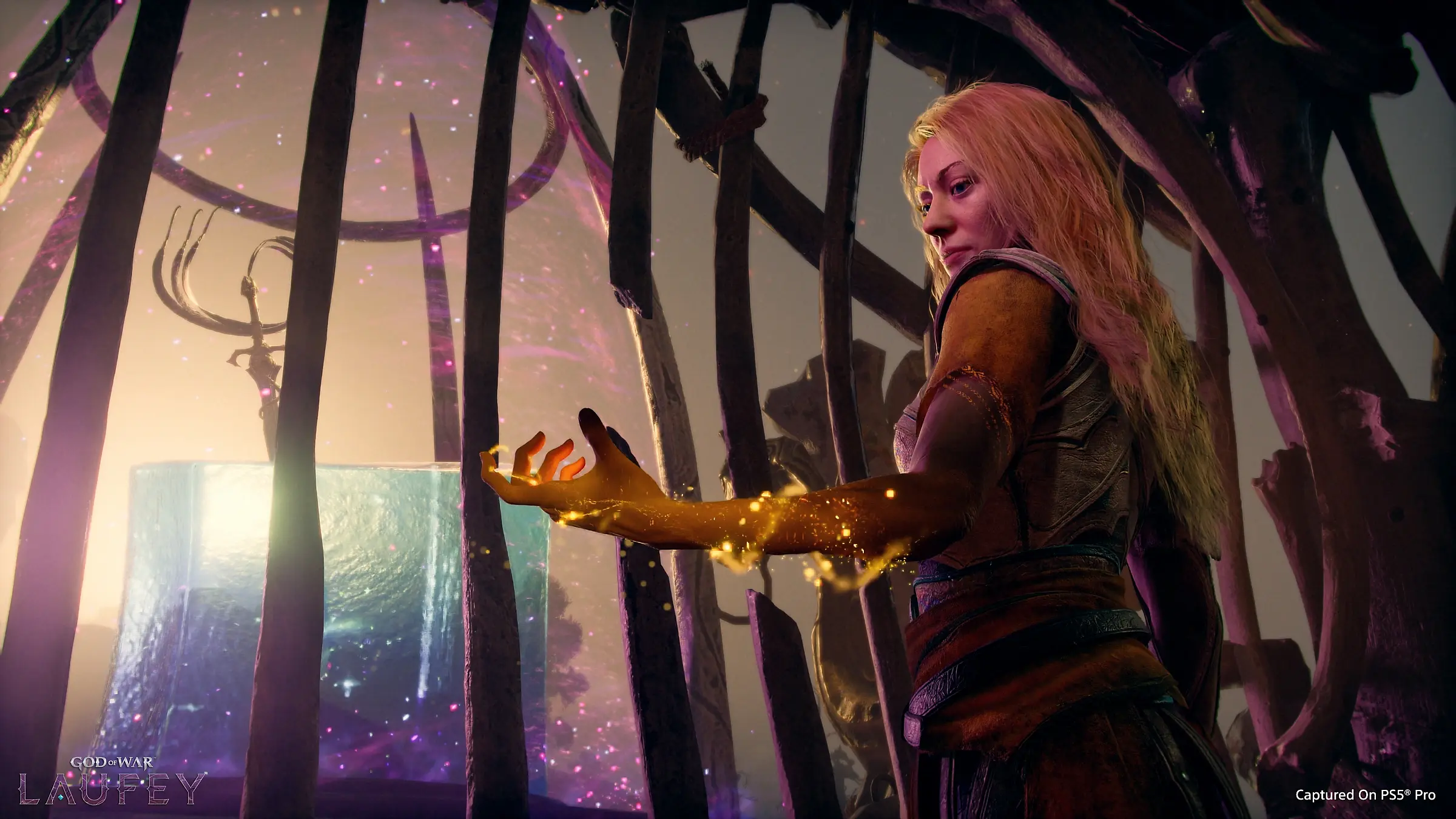 Laufey reaching out with golden magic inside a dark wooden structure