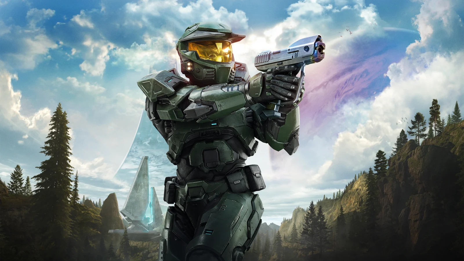 Master Chief aiming a pistol in a forested valley with the Halo ring behind him