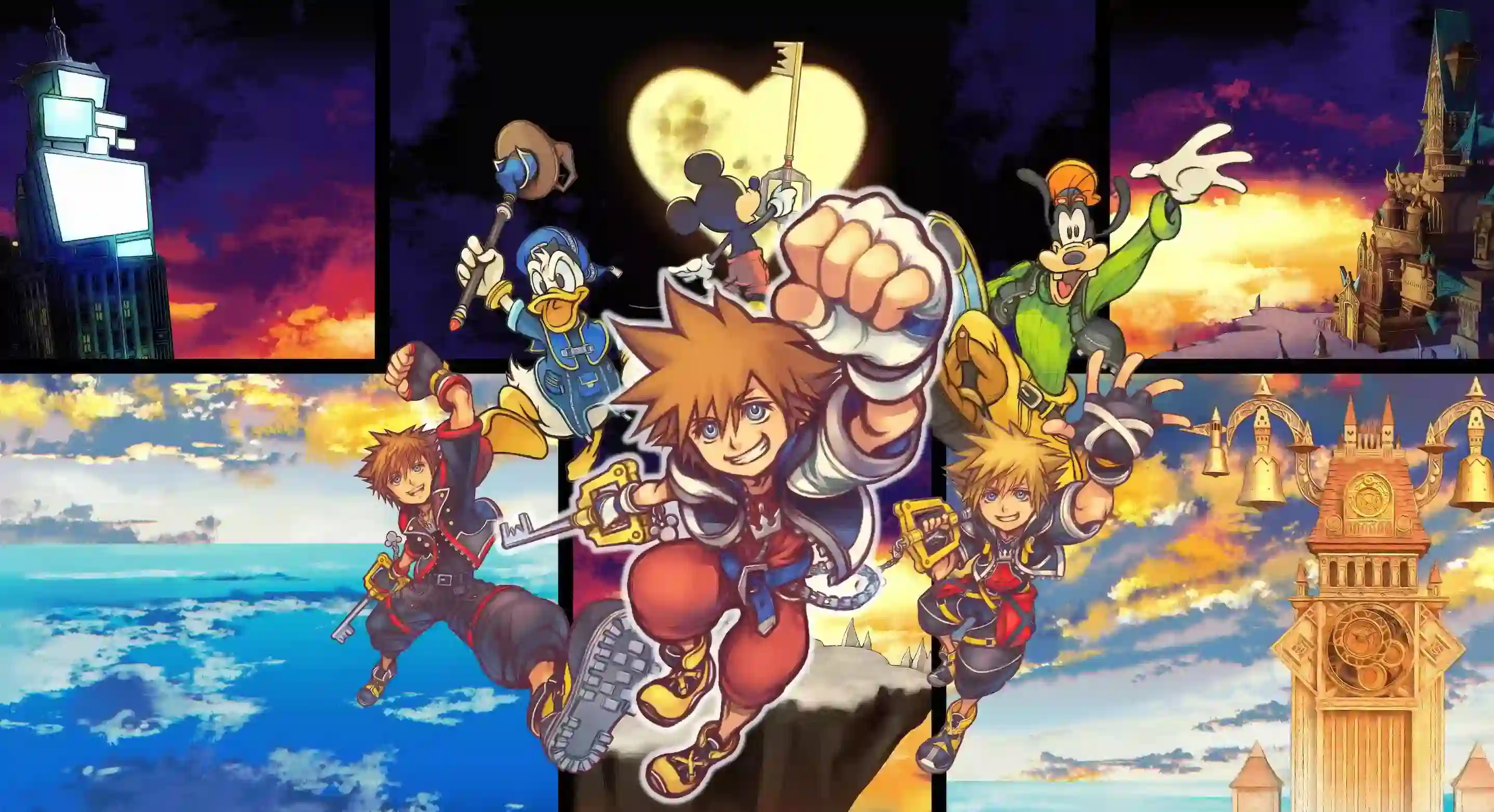 Sora, Donald, and Goofy with the Keyblade before Kingdom Hearts and series worlds