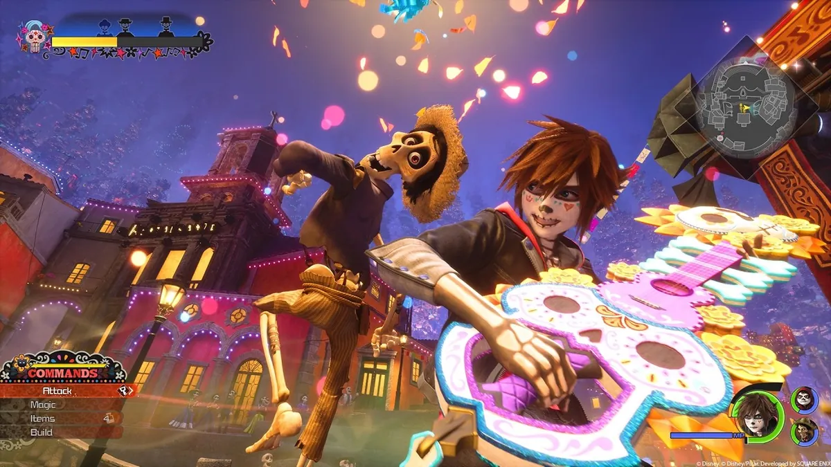 Sora with Día de Muertos face paint and a guitar Keyblade beside Héctor in the Coco world, Kingdom Hearts IV