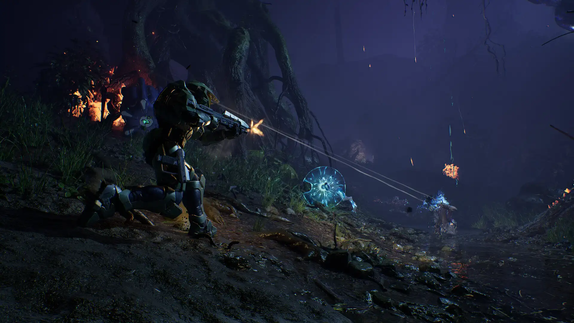 Master Chief firing on the Covenant in a dark forest
