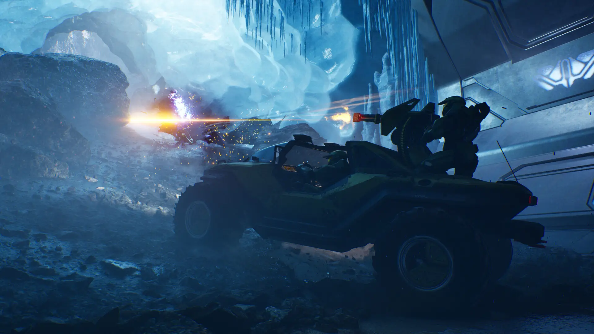 Warthog in an icy cave firing its turret