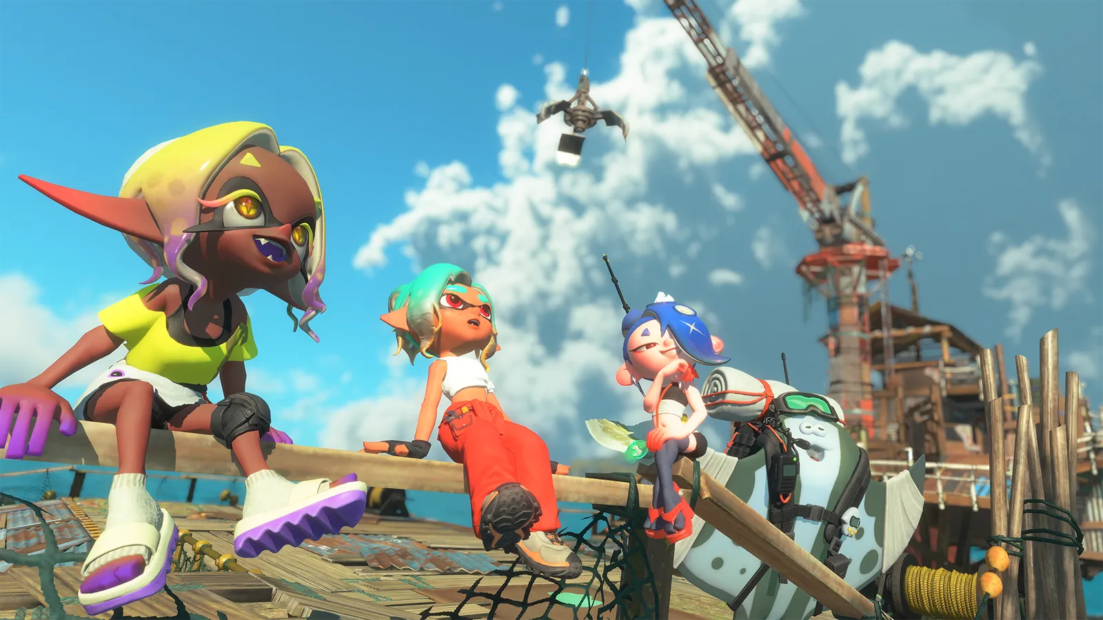Splatoon characters sitting on a wooden beam under a bright blue sky