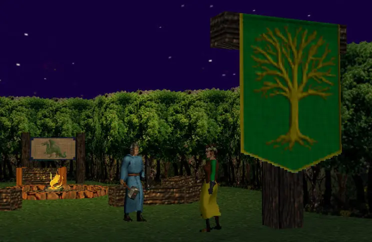 Classic MMO scene: two characters by a campfire in a forest clearing