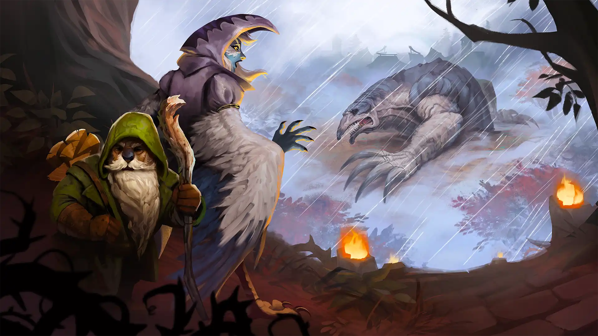 Adventurers facing a clawed beast in a rainy fantasy forest