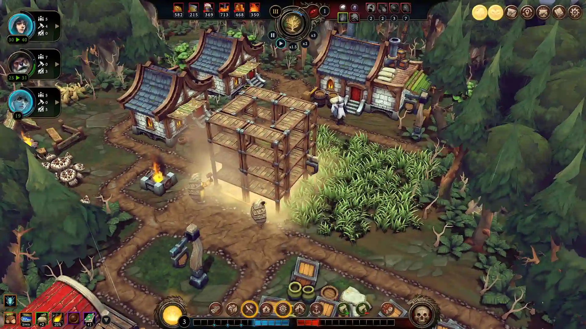 Settlement under construction among pines in Against the Storm, with resource UI