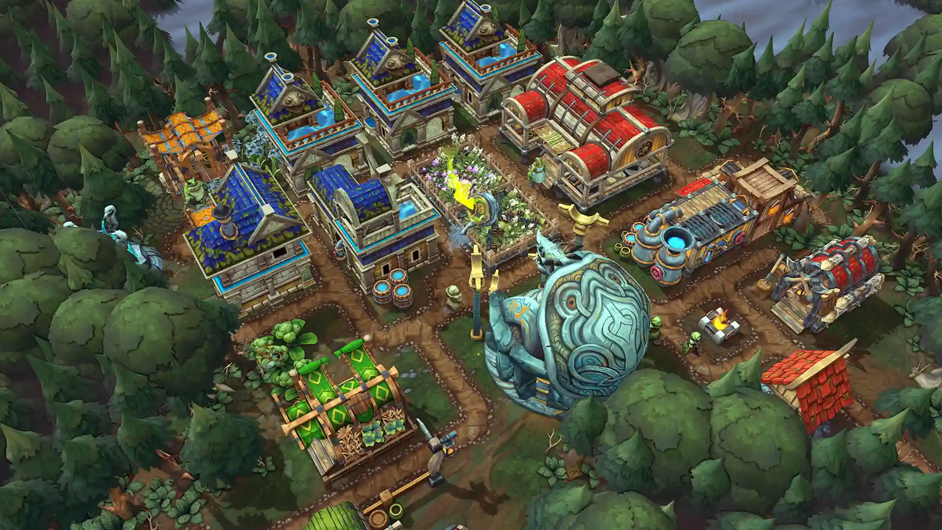 Rainy village with blue-roof houses and a glowing turtle statue