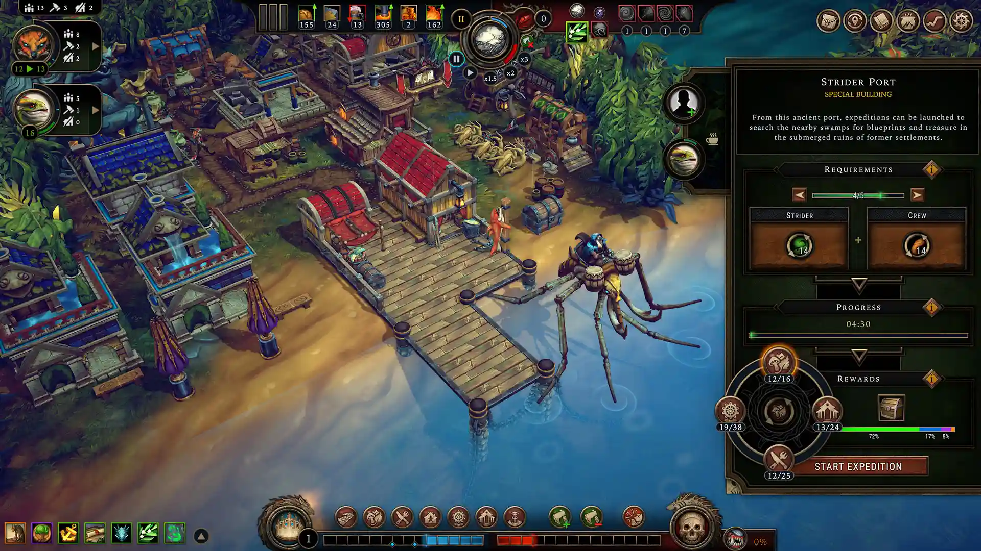 Strider Port with a multi-legged creature at a dock and expedition panel