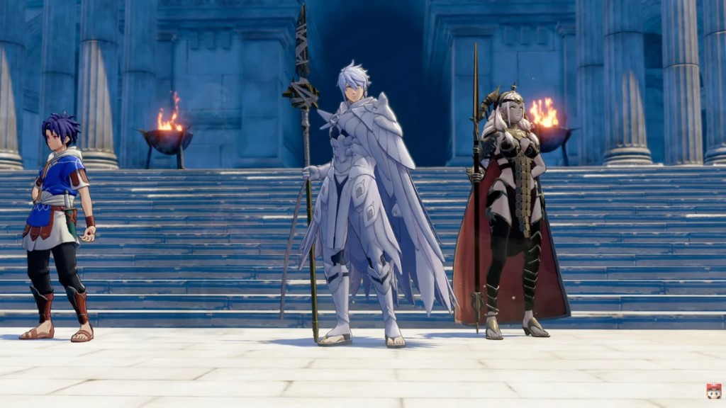 Three Fire Emblem Fortune's Weave protagonists before a classic temple with lit torches