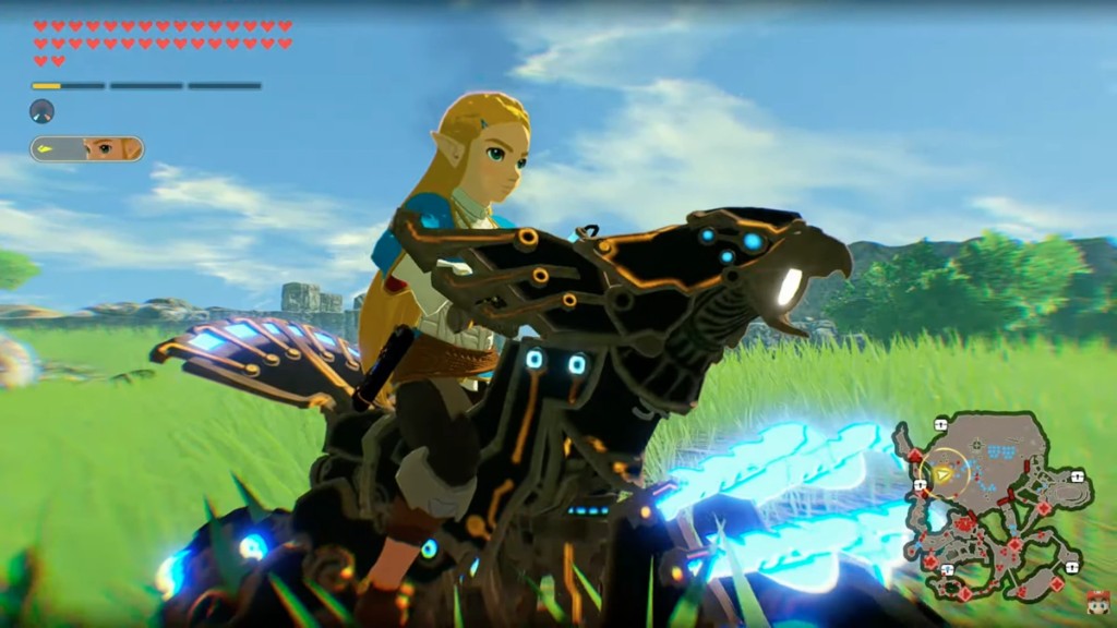 Zelda riding a mechanical creature across a sunny field in Hyrule Warriors