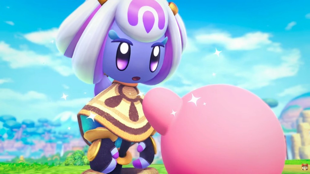 Kirby with light sparkles meeting a blue mushroom-hat character in a green landscape