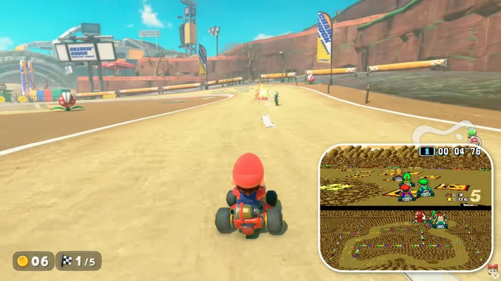 Mario driving on a desert track in Mario Kart World, with a retro Super Mario Kart comparison on screen