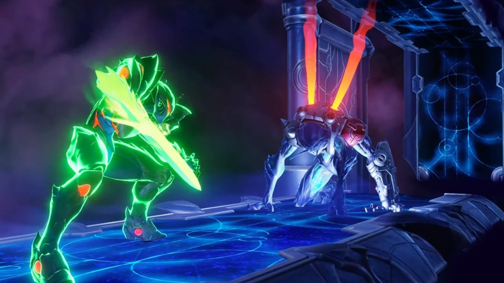Samus in a green energy suit with an energy sword facing Sylux in Metroid Ravenous