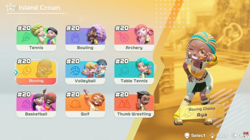 Island Crown sports menu with nine disciplines and boxing champion Aya in Nintendo Switch Sports Resort