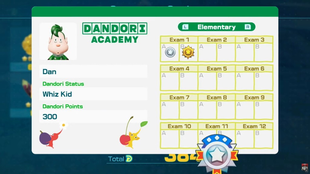 Dandori Academy menu in Pikmin 4 with student Dan and completed exam medals