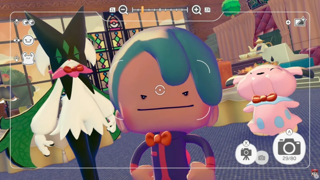 Blue-haired character posing with Meowscarada in Pokémon Pokopia photo mode