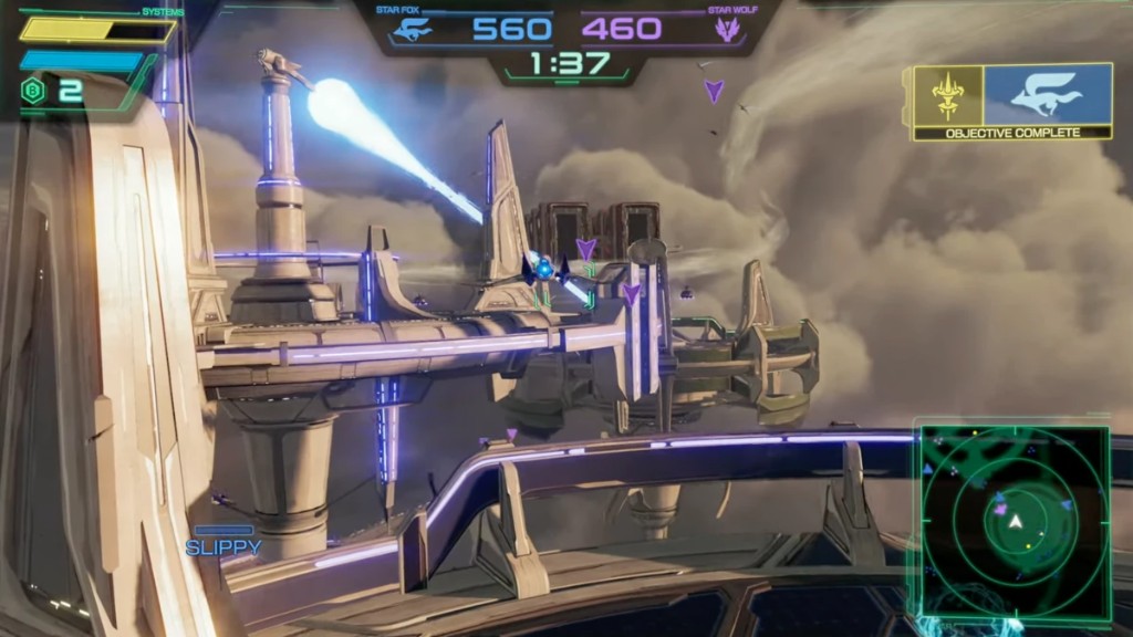 Aerial dogfight between Star Fox and Star Wolf teams above a cloud station in Star Fox