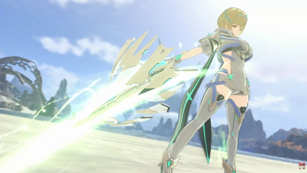 Fiora with green energy blades in an open field in Xenoblade Chronicles 3