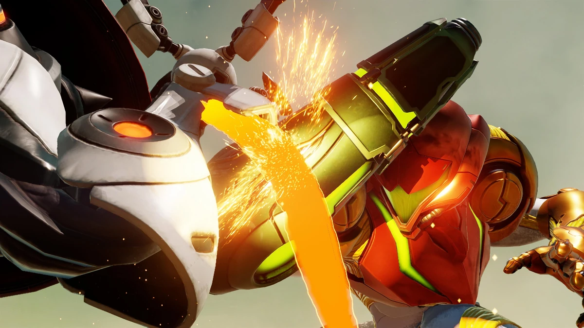 Close-up of Samus in her classic orange and red Power Suit in an action pose.